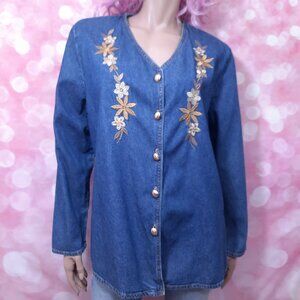 Vintage 80s 90s Blue Denim Embroidered Jacket Size 14 XL Floral Button Up